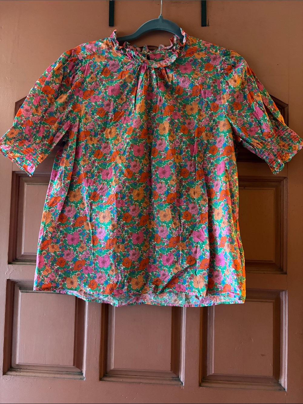 J. Crew Girls' Floral Ruffle Neck Blouse in Pink, Orange, Green, Yellow
